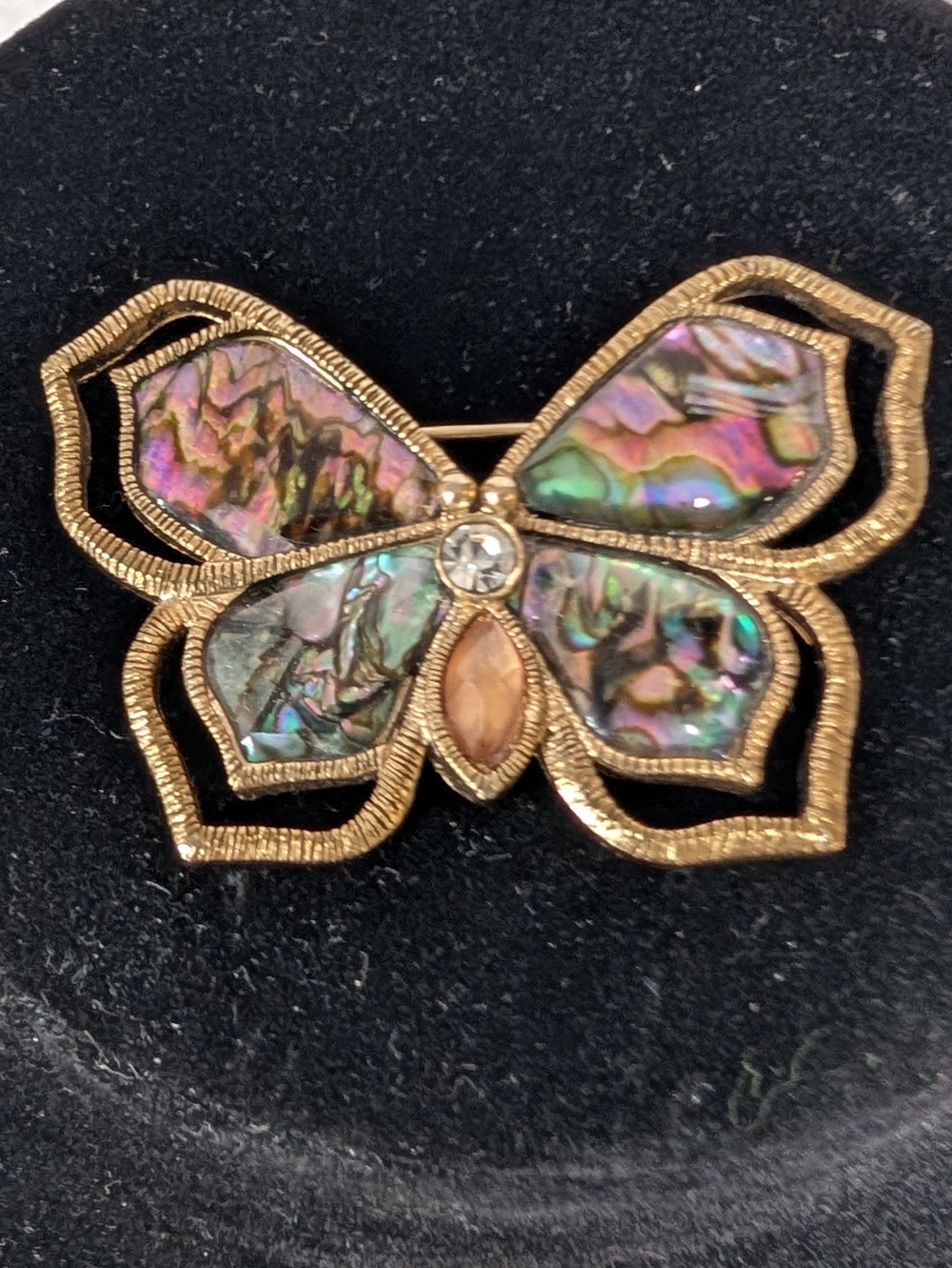 Vintage Abalone Butterfly Brooch Pin Gold Tone Multicolor Colorful